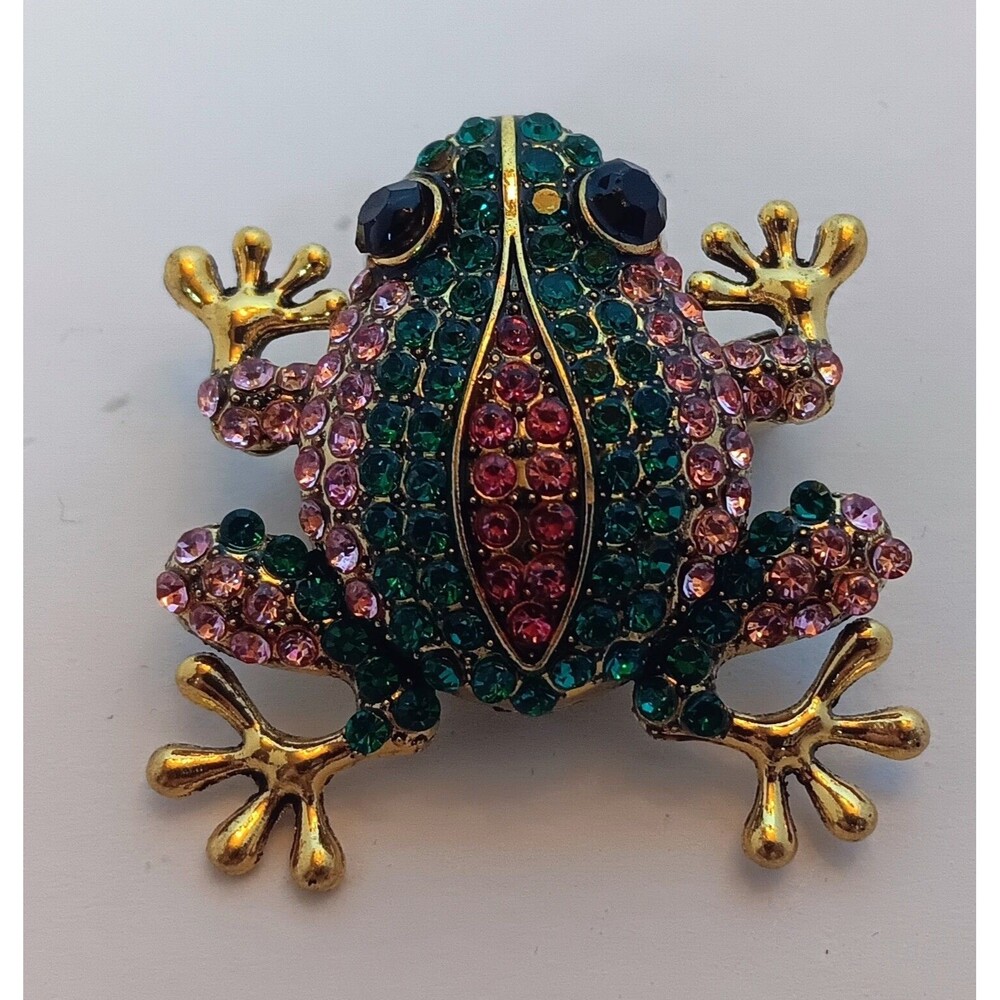 Super Cute Goldtone Green & Pink Rhinestone Frog Brooch 2 in